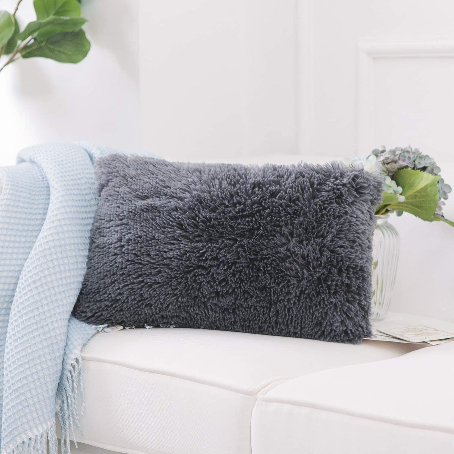 Luxury Soft Faux Fur Fleece Cushion Cover Pillowcase Decorative Throw Pillows Covers, No Pillow Insert, 12" X 20" Inch, Dark Grey, 2 Pack