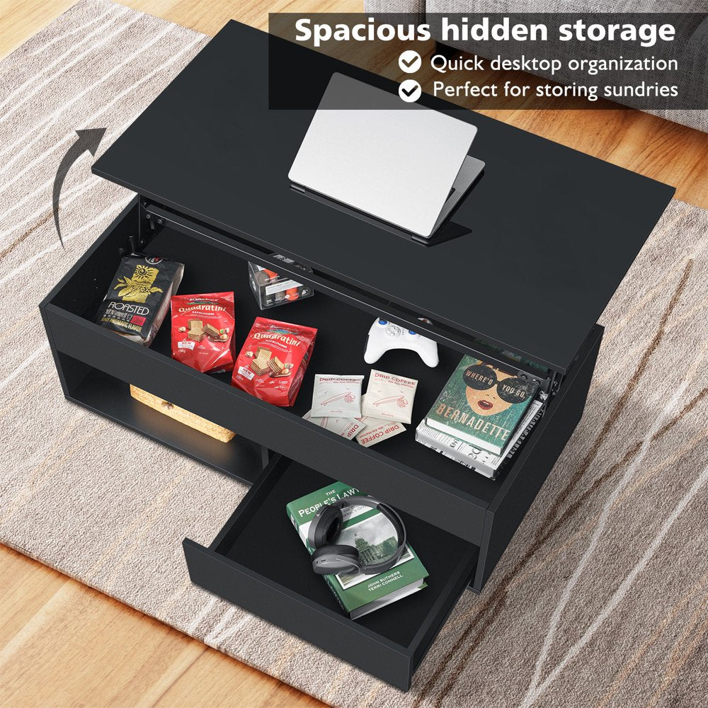 Lift Top Coffee Table with LED 39.4" Modern Rectangle Sofa Side Cocktail Tables Rising Lift up with Hidden Storage Drawer for Living Room