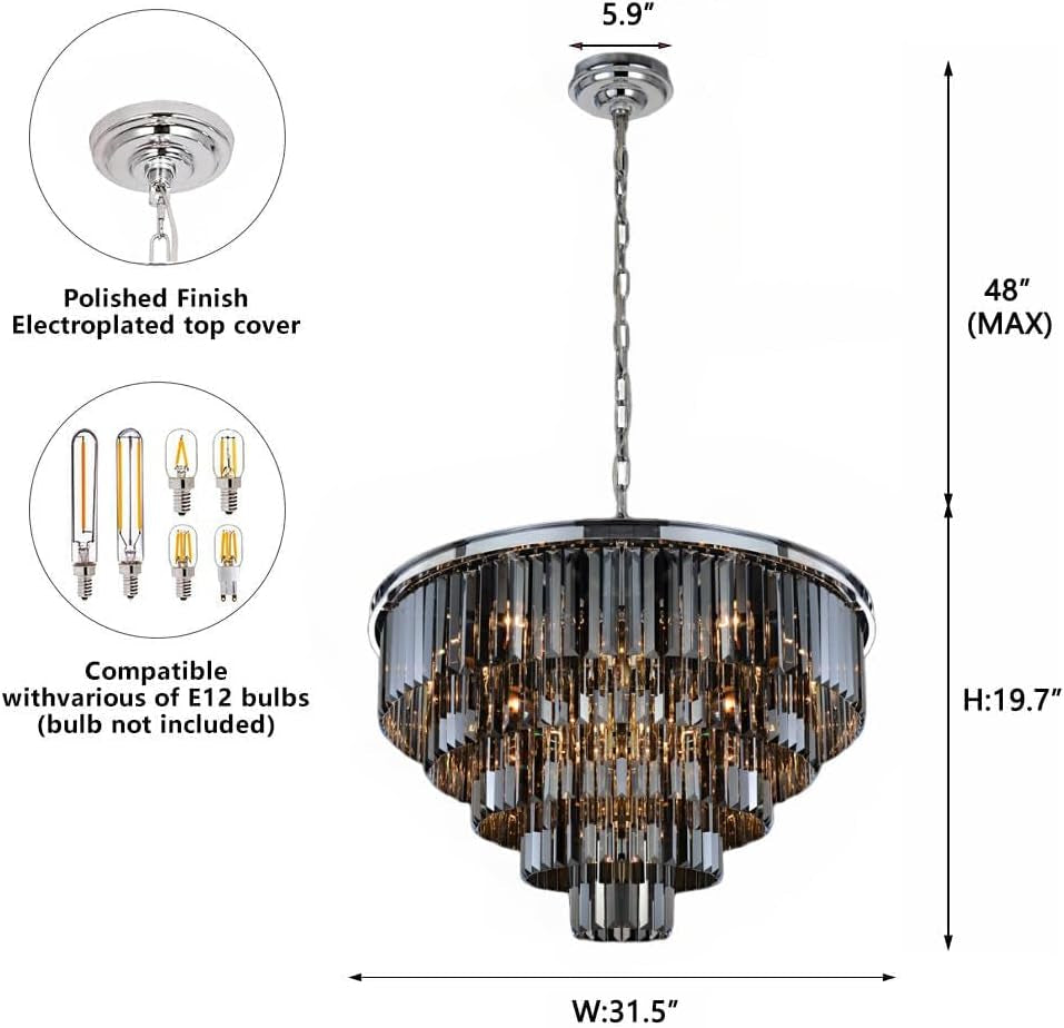 16Lights Smoke Crystal Chandelier Modern Chandeliers Lighting Pendant Ceiling Light Fixture 5-Tier for Dining Room Living Room Bedroom, Chrome Finished W31.5''