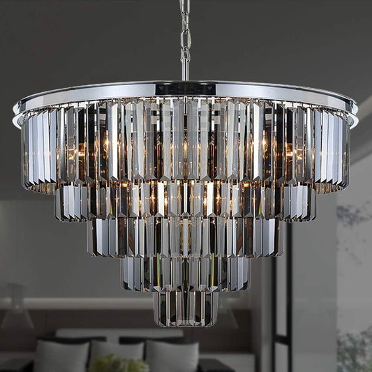 16Lights Smoke Crystal Chandelier Modern Chandeliers Lighting Pendant Ceiling Light Fixture 5-Tier for Dining Room Living Room Bedroom, Chrome Finished W31.5''