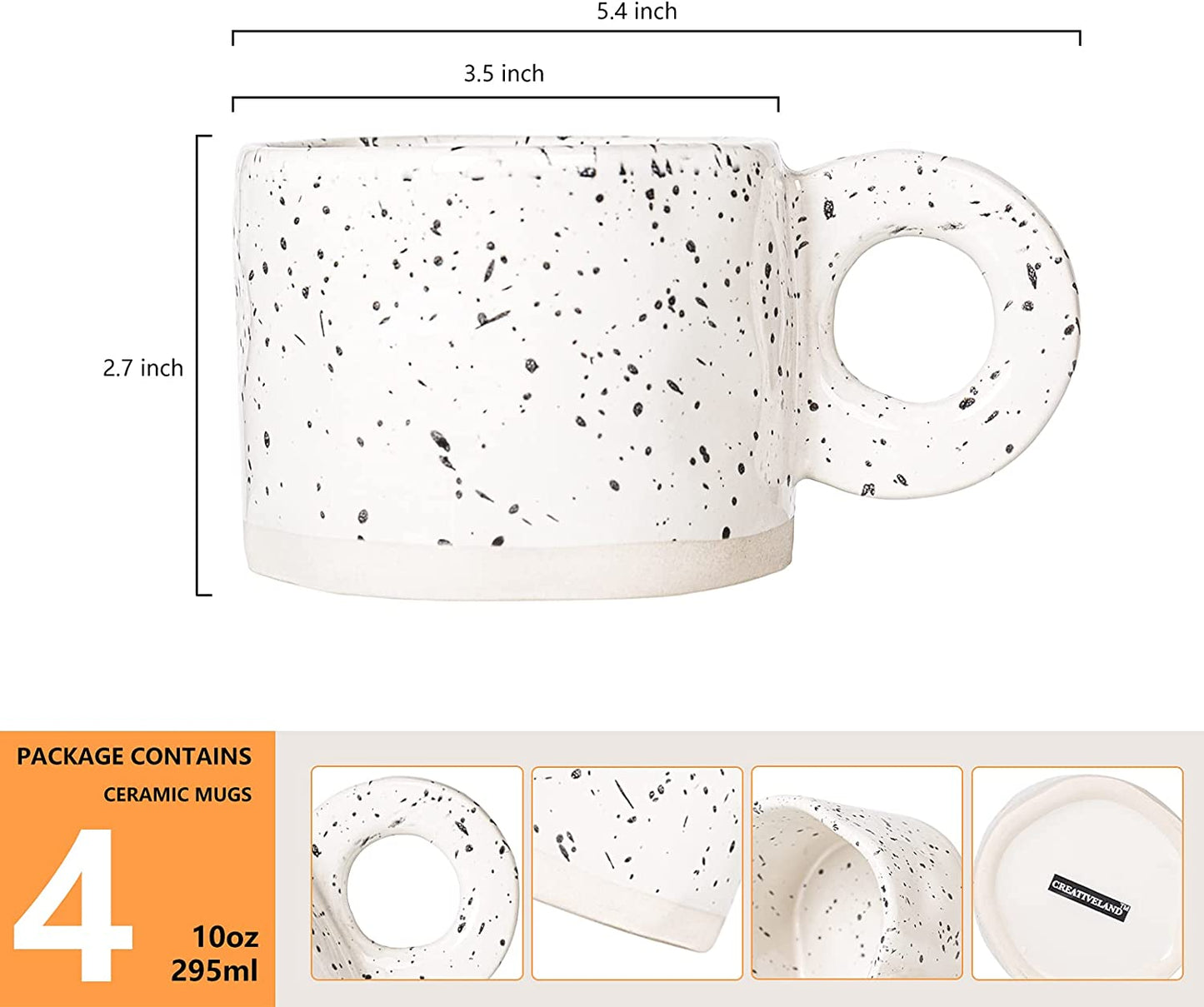 Coffee Mug,Stoneware Coffee Mugs 10 Oz Ceramic Handmade Coffee Cups with Handle for Latte,Cappuccino,Hot Chocolate,Milk Mugs Set (White)